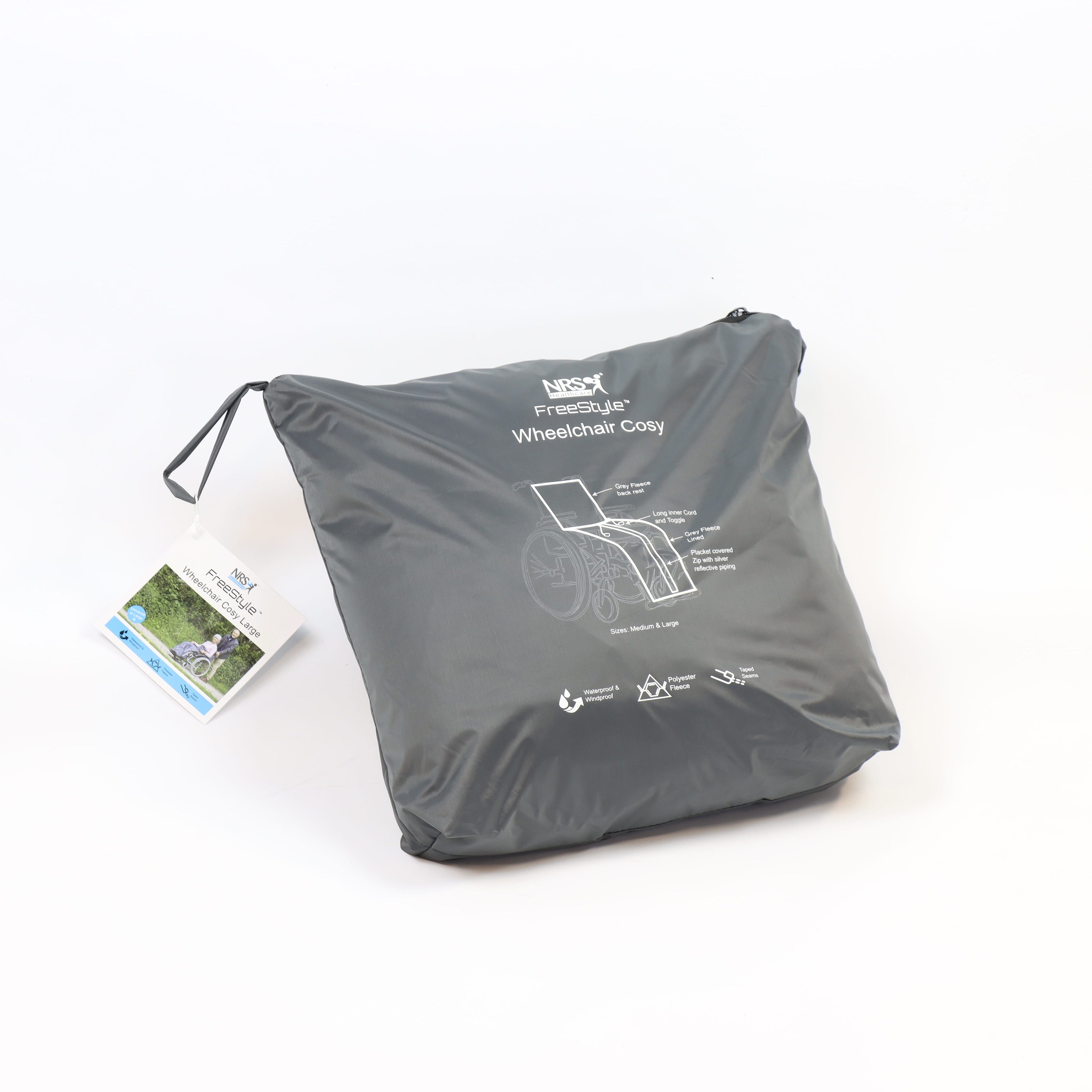 Diagram or packaging of NRS Freestyle Wheelchair Cosy highlighting dimensions or features.