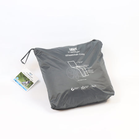 Diagram or packaging of NRS Freestyle Wheelchair Cosy highlighting dimensions or features.