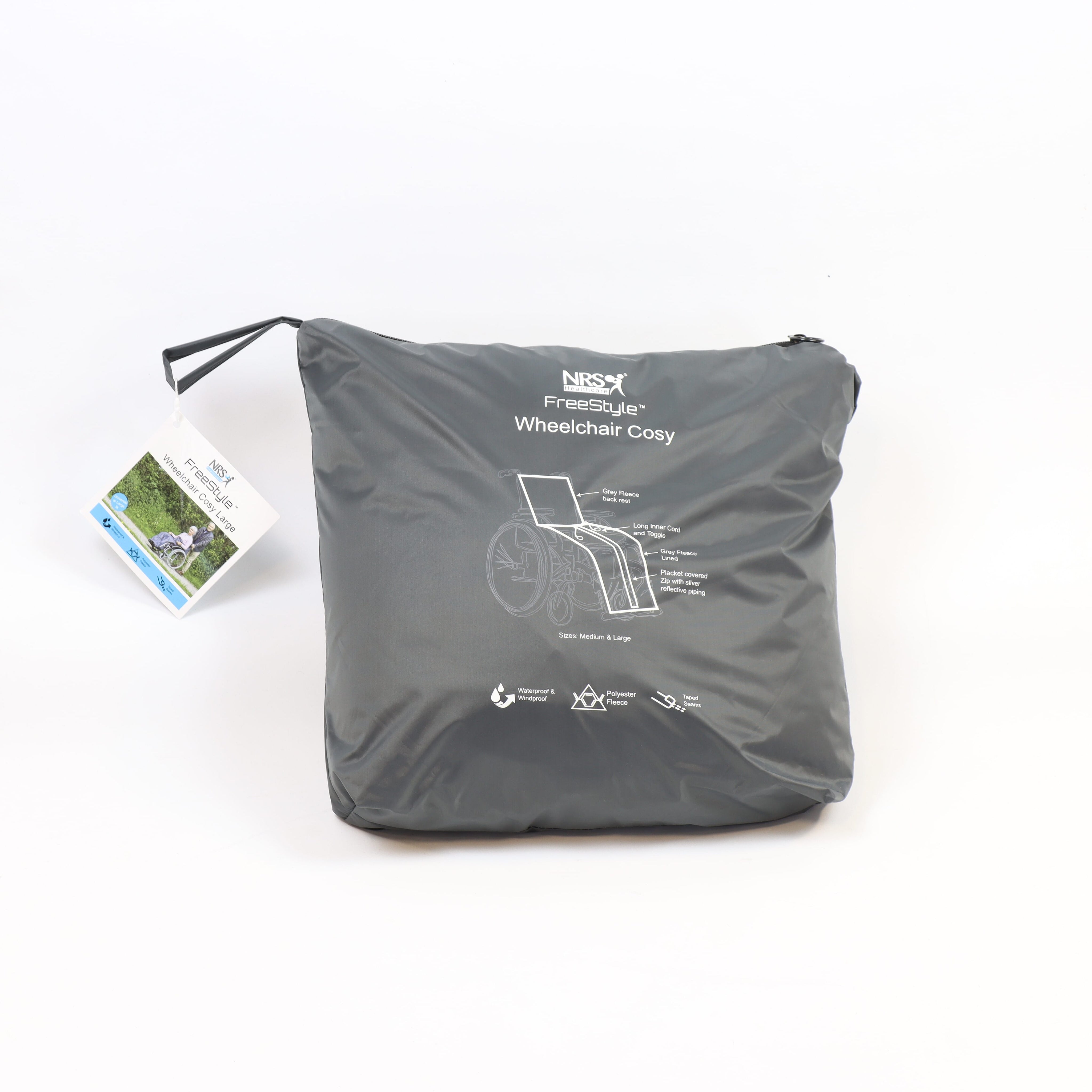 Diagram or packaging of NRS Freestyle Wheelchair Cosy highlighting dimensions or features.