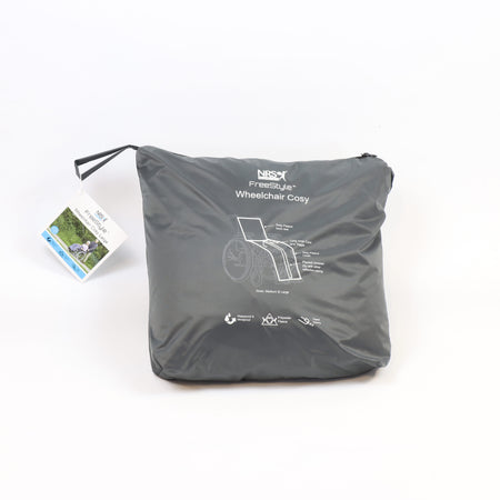 Diagram or packaging of NRS Freestyle Wheelchair Cosy highlighting dimensions or features.