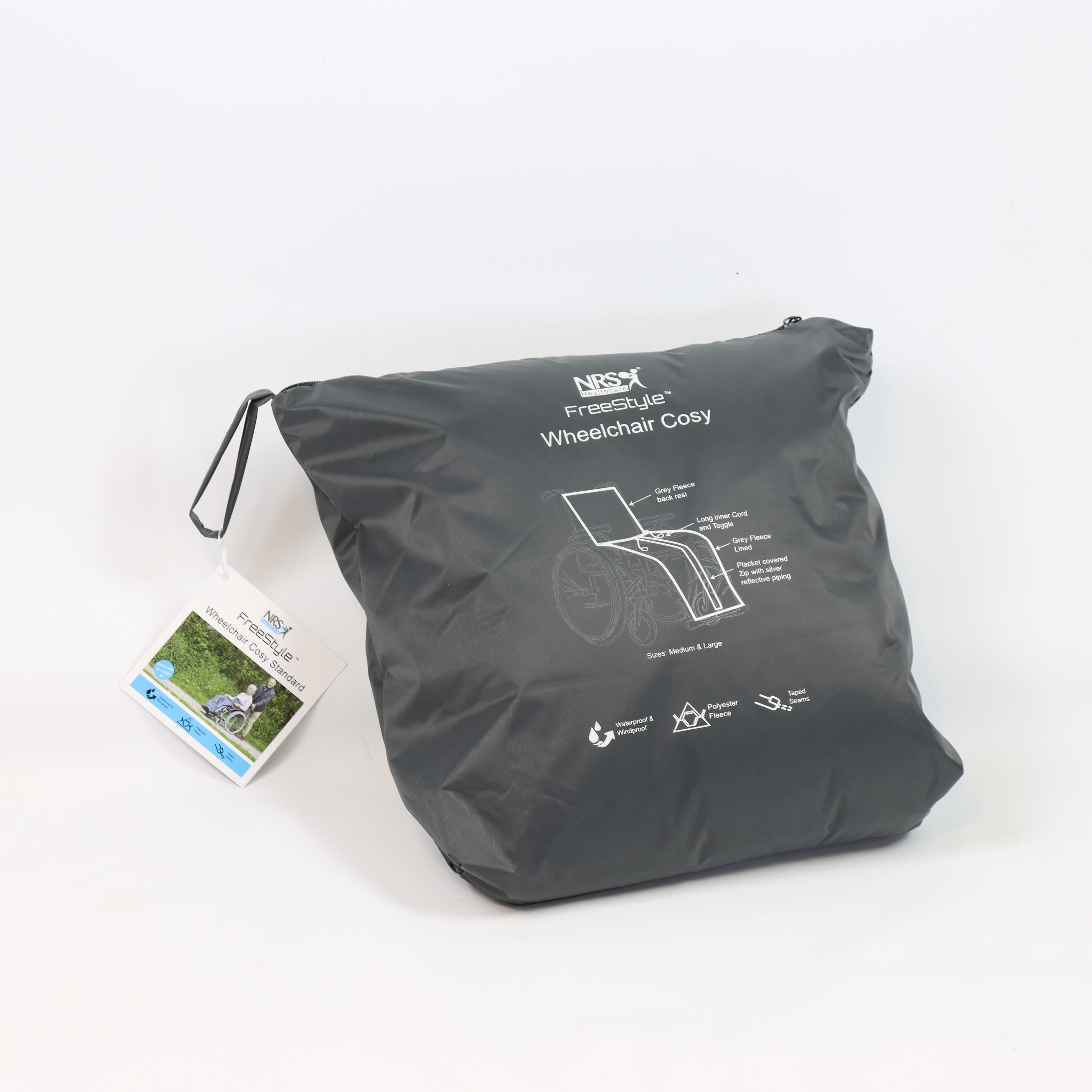 Diagram or packaging of NRS Freestyle Wheelchair Cosy highlighting dimensions or features.