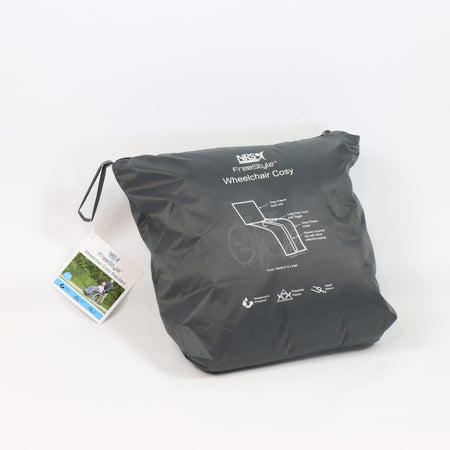 Diagram or packaging of NRS Freestyle Wheelchair Cosy highlighting dimensions or features.