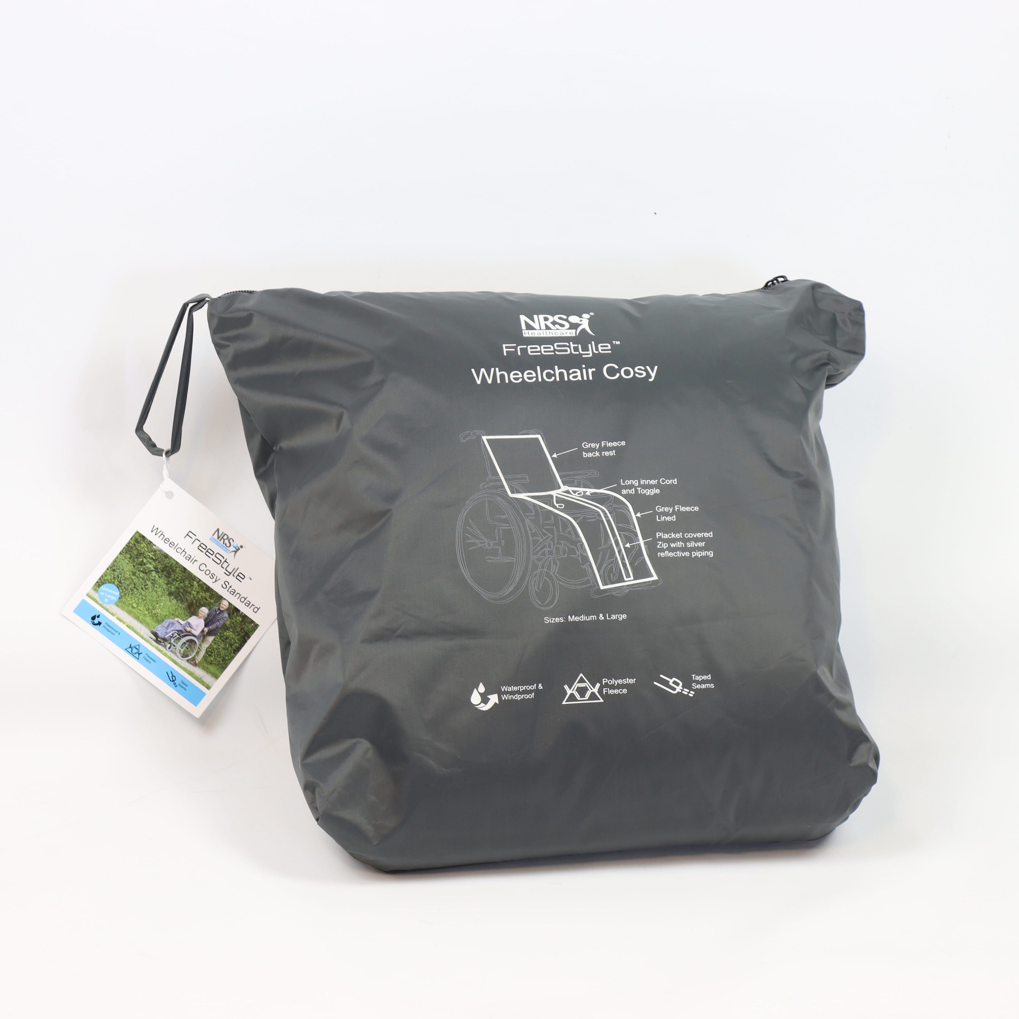 Diagram or packaging of NRS Freestyle Wheelchair Cosy highlighting dimensions or features.