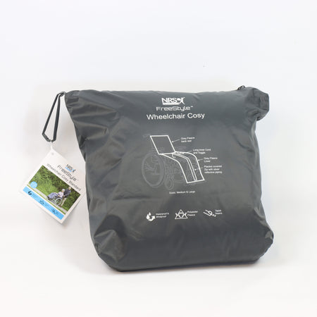 Diagram or packaging of NRS Freestyle Wheelchair Cosy highlighting dimensions or features.