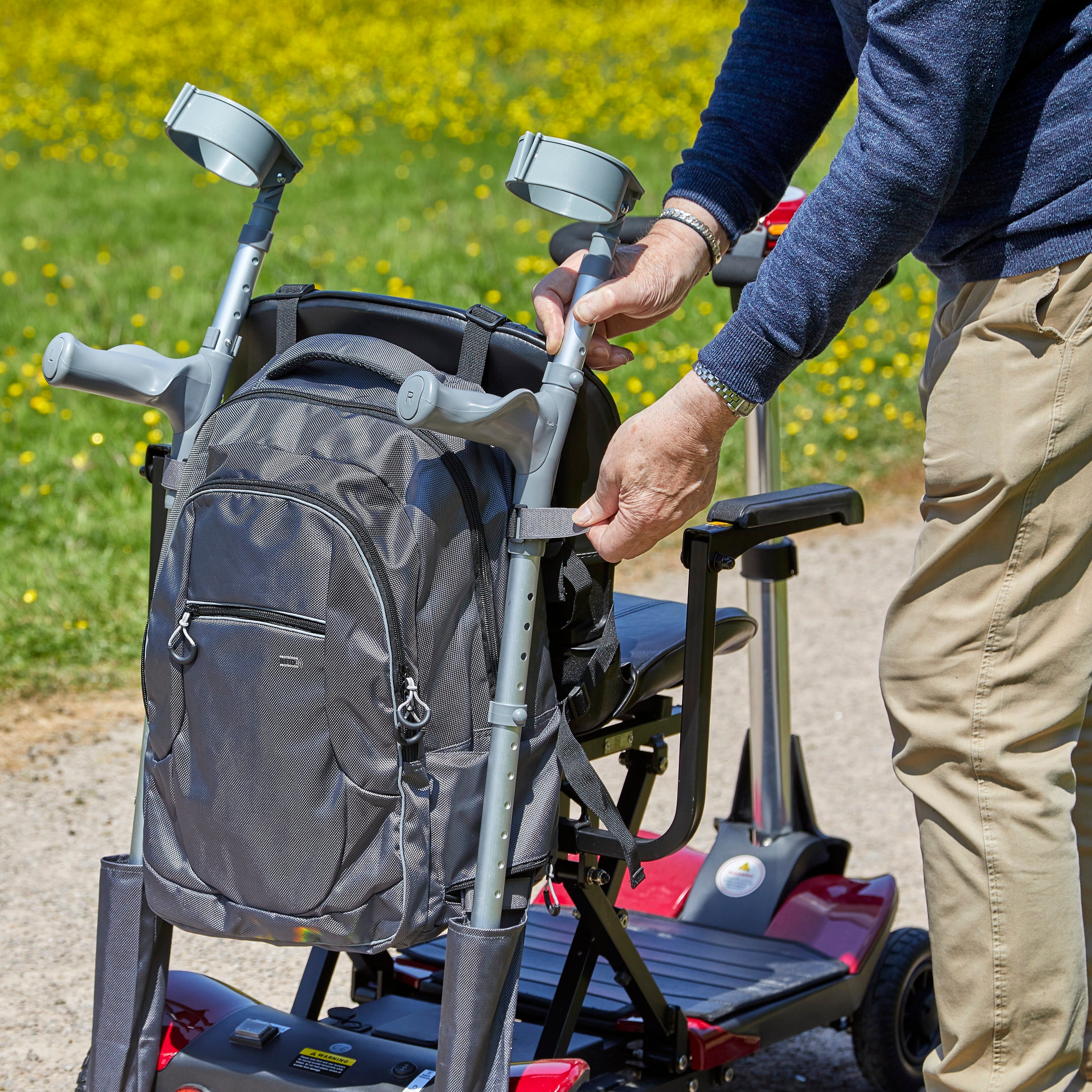 NRS Freestyle Wheelchair Crutch Bag: close-up of the handle showing the contoured, cushioned grip for comfort.