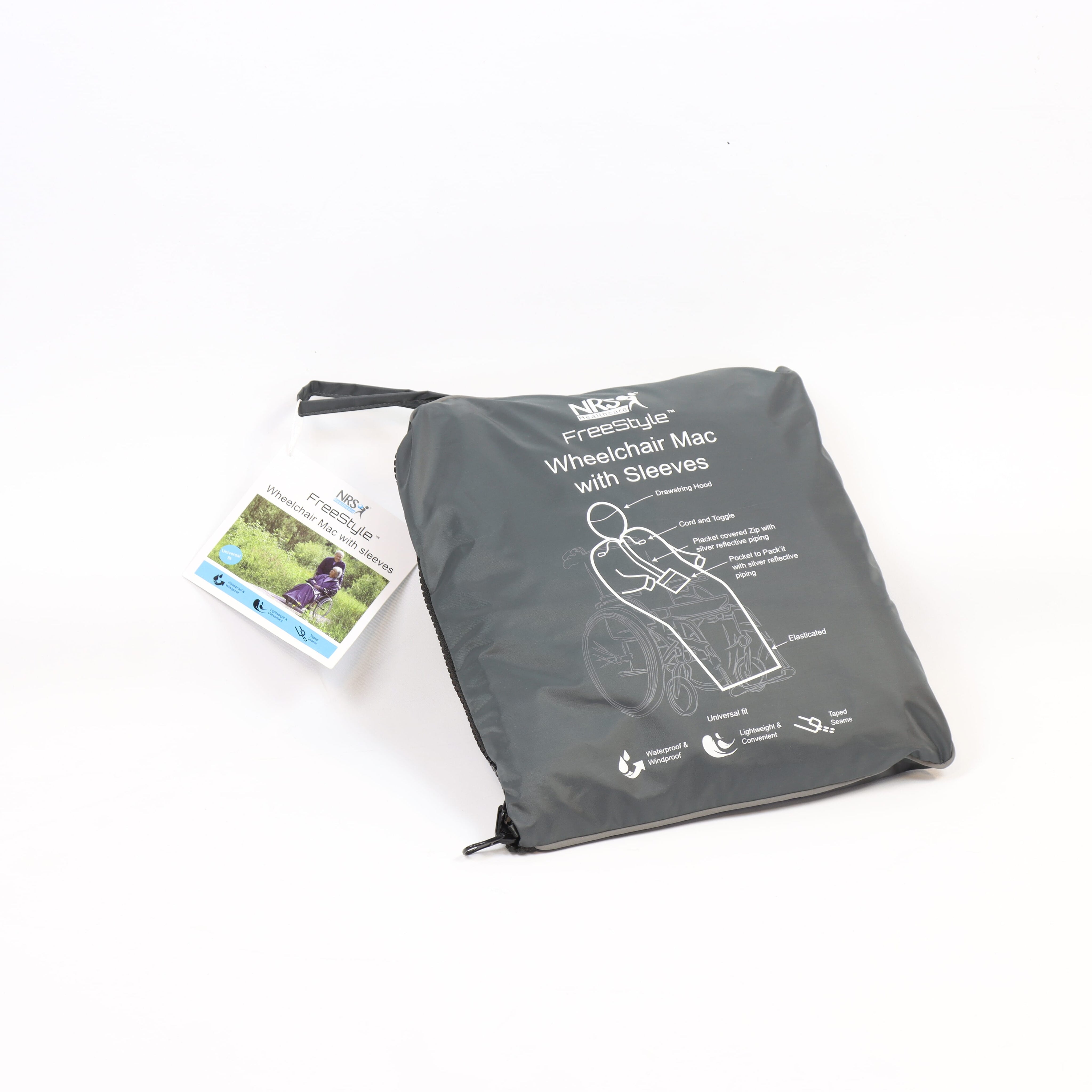 Diagram or packaging of NRS Freestyle Wheelchair Mac highlighting dimensions or features.