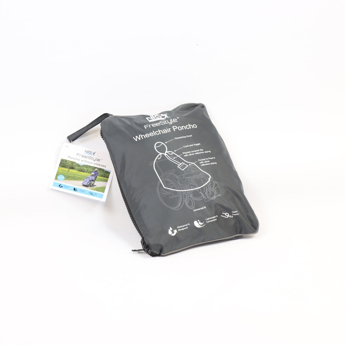 Diagram or packaging of NRS Freestyle Wheelchair Poncho highlighting dimensions or features.