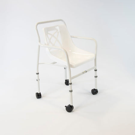 Angled view of NRS Height Adjustable Economy Mobile Shower Chair with moulded seat, supportive backrest and height-adjustable legs on a plain background.