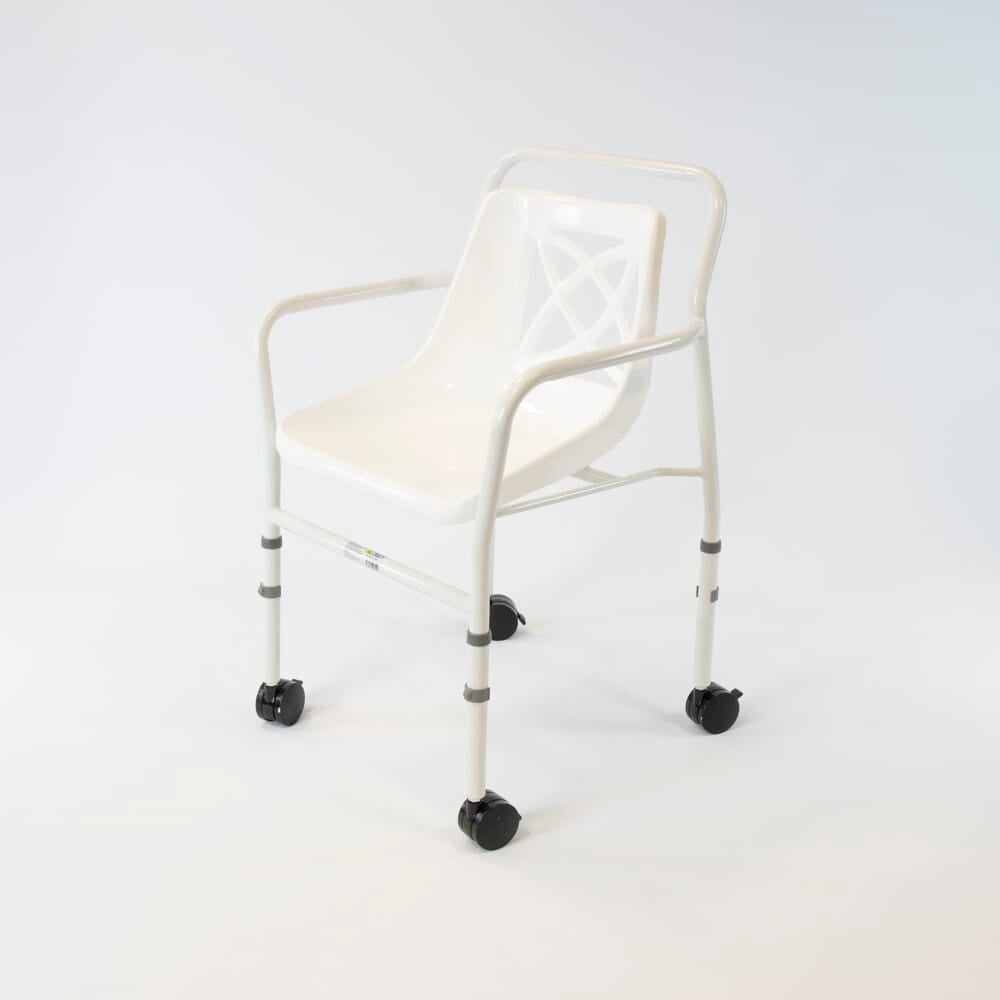 Front view of NRS Height Adjustable Economy Mobile Shower Chair showing drainage holes in the seat and the supportive backrest design.