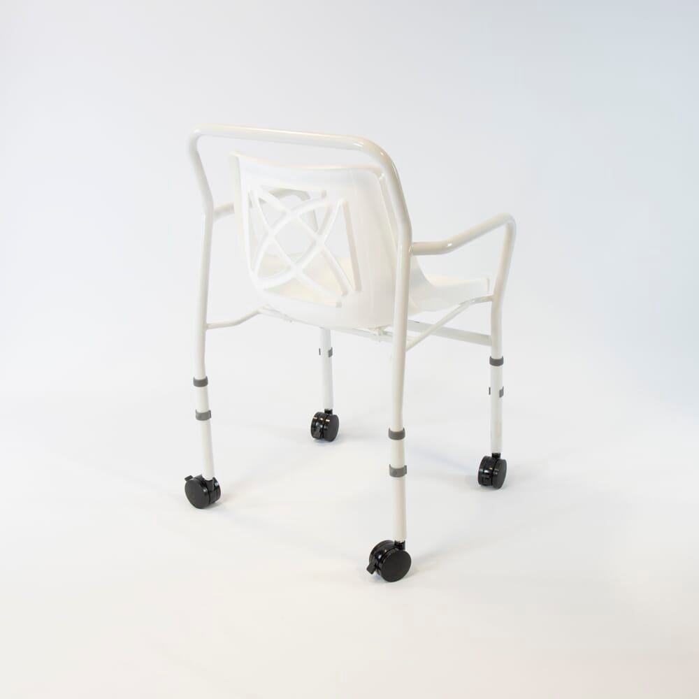 Side view of NRS Height Adjustable Economy Mobile Shower Chair highlighting the seat height, optional armrests and sturdy aluminium legs.