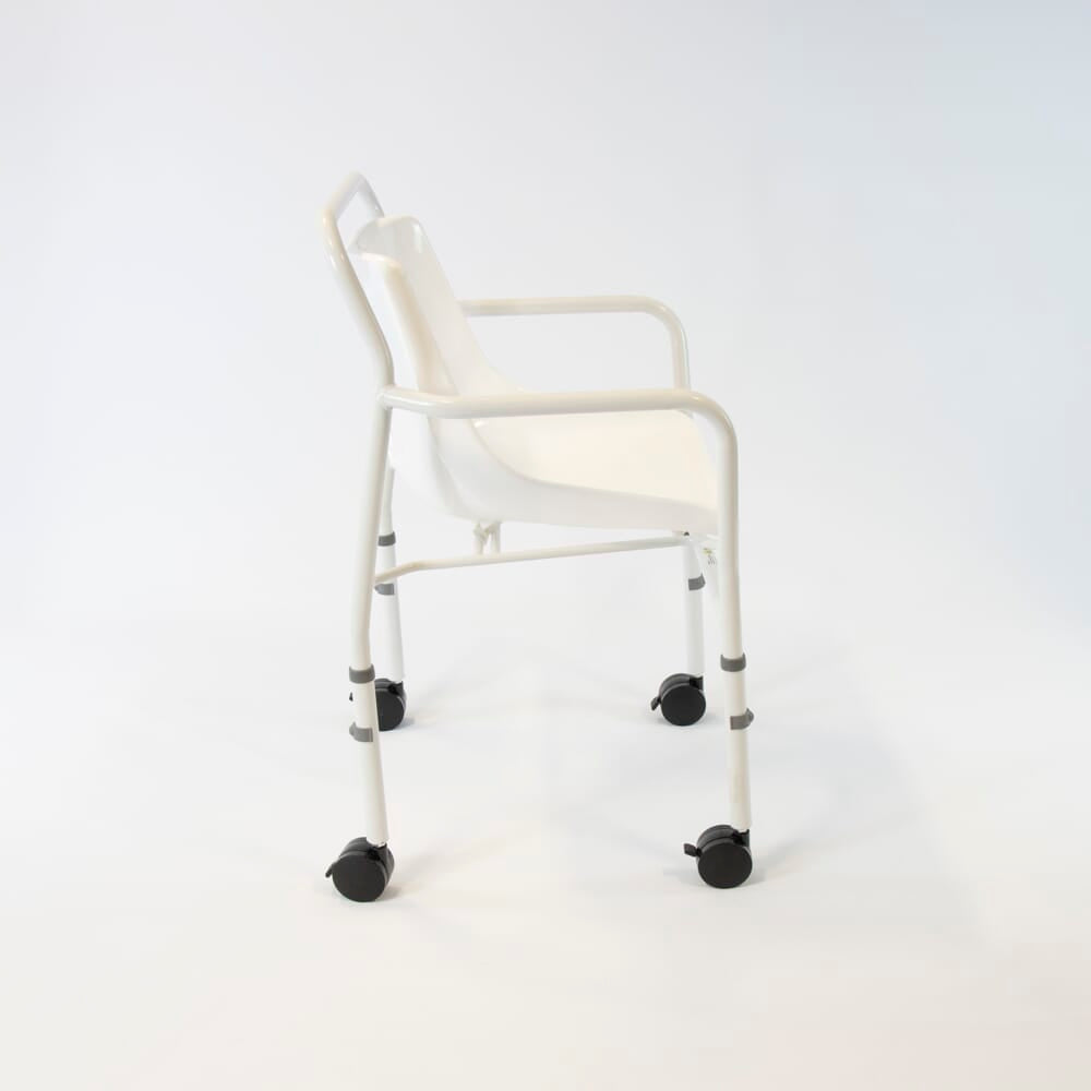 Close-up of the seat on NRS Height Adjustable Economy Mobile Shower Chair, showing drainage holes and textured surface for comfort.