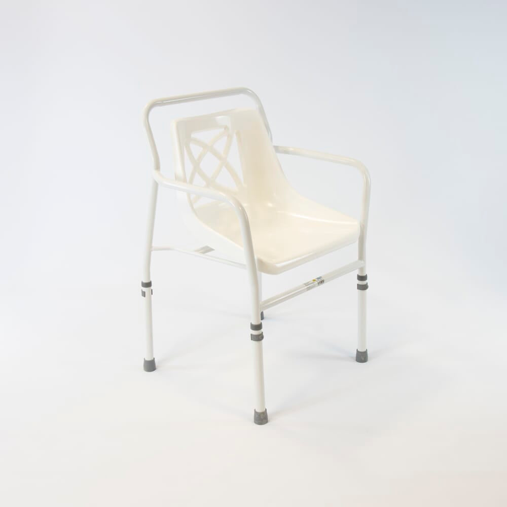 Angled view of NRS Height Adjustable Economy Shower Chair with moulded seat, supportive backrest and height-adjustable legs on a plain background.