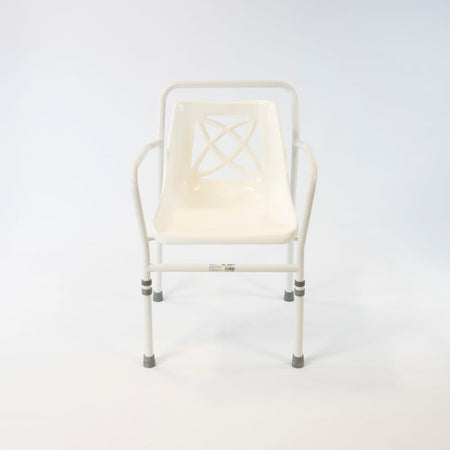 Front view of NRS Height Adjustable Economy Shower Chair showing drainage holes in the seat and the supportive backrest design.
