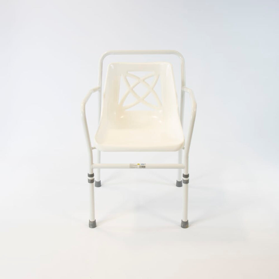 Front view of NRS Height Adjustable Economy Shower Chair showing drainage holes in the seat and the supportive backrest design.