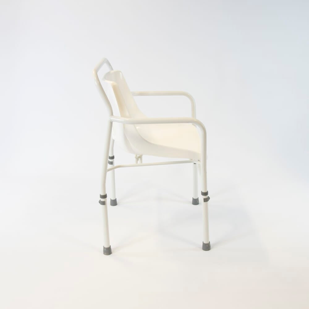 Side view of NRS Height Adjustable Economy Shower Chair highlighting the seat height, optional armrests and sturdy aluminium legs.