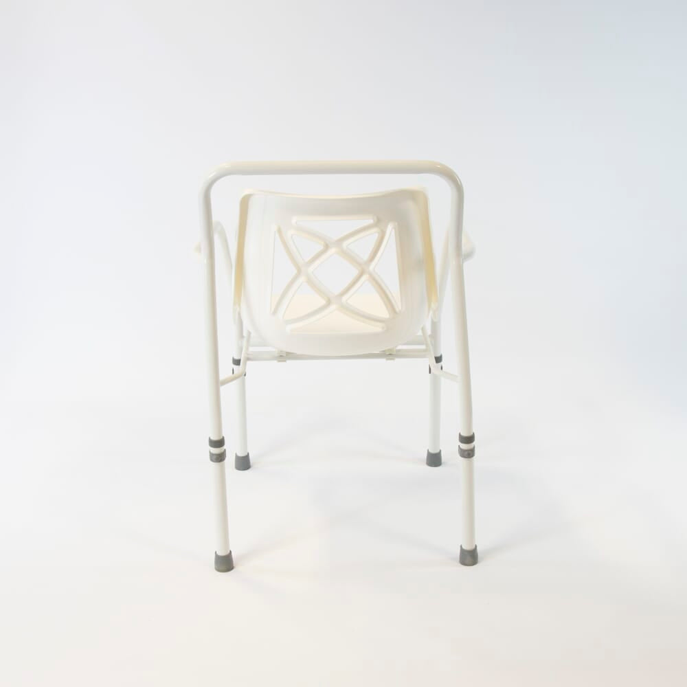 Close-up of the seat on NRS Height Adjustable Economy Shower Chair, showing drainage holes and textured surface for comfort.