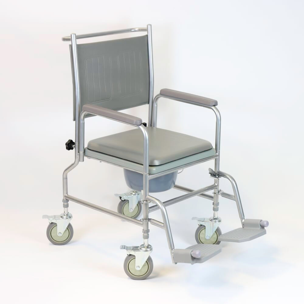 NRS Height Adjustable Wheeled Commode with lid raised showing the open seat and removable commode pan, with supportive arms and adjustable height on a plain background.
