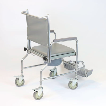 NRS Height Adjustable Wheeled Commode with lid closed, highlighting the padded seat and discreet design.
