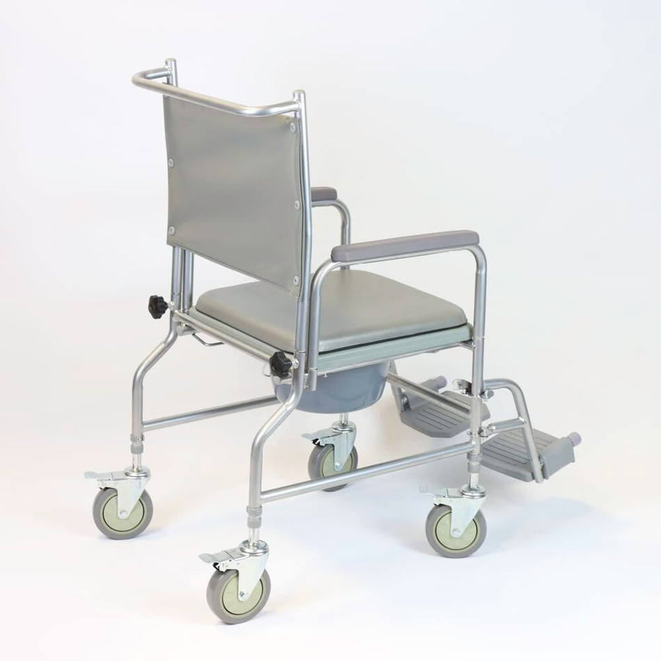 NRS Height Adjustable Wheeled Commode with lid closed, highlighting the padded seat and discreet design.
