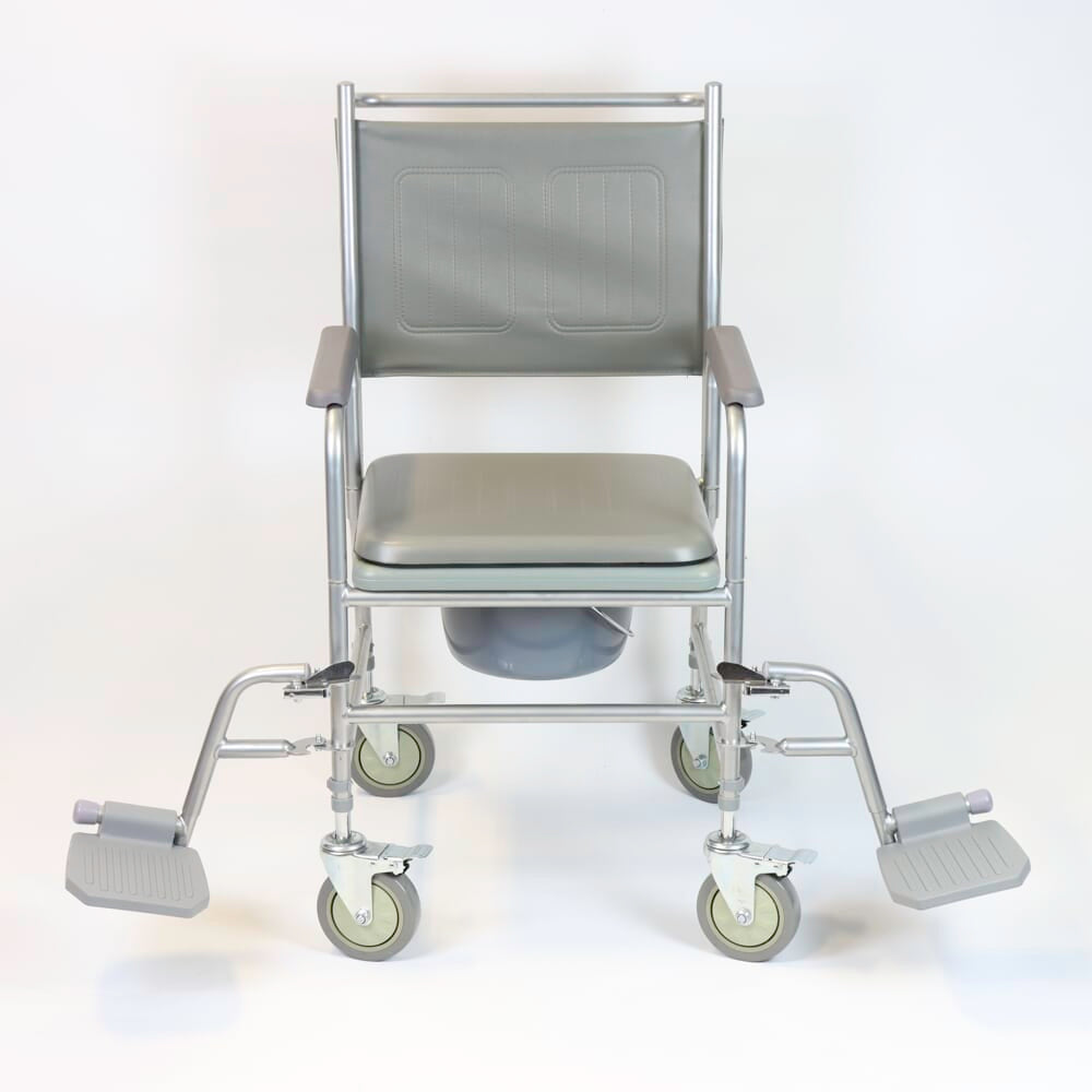 Close-up of NRS Height Adjustable Wheeled Commode seat ring and supportive arms, showing comfort and stability.