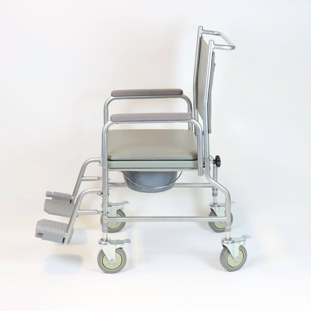 Close-up of the height-adjustable legs or non-slip feet on NRS Height Adjustable Wheeled Commode.