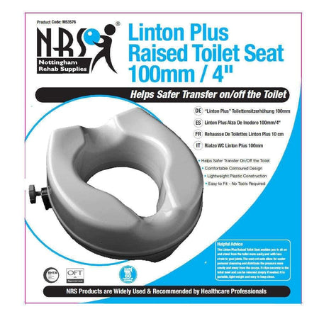 Diagram or packaging of NRS Linton Plus Raised Toilet Seat highlighting dimensions or features.