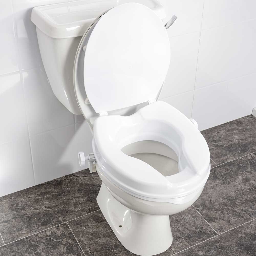 Image of NRS Linton Plus Raised Toilet Seat with Lid on a plain background.