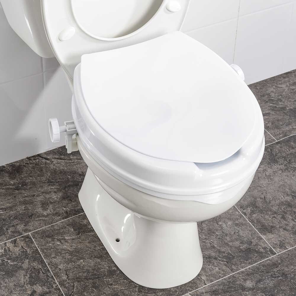 Diagram or packaging of NRS Linton Plus Raised Toilet Seat with Lid highlighting dimensions or features.