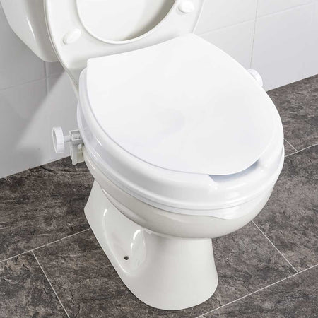 Diagram or packaging of NRS Linton Plus Raised Toilet Seat with Lid highlighting dimensions or features.