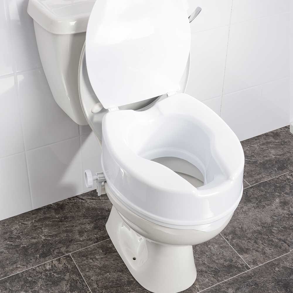 Image of NRS Linton Plus Raised Toilet Seat with Lid on a plain background.