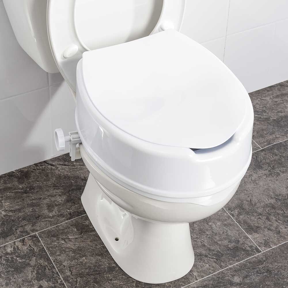 Alternative view of NRS Linton Plus Raised Toilet Seat with Lid, showing different angle or usage.