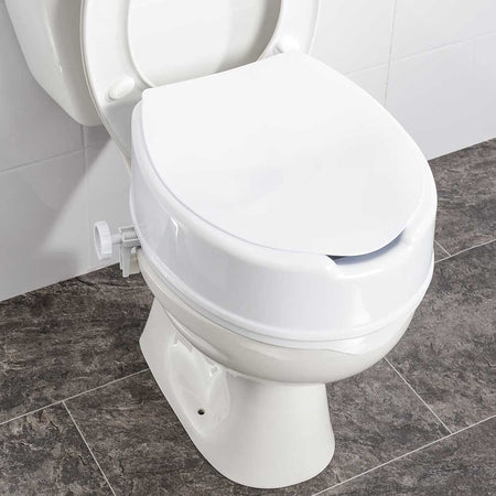 Alternative view of NRS Linton Plus Raised Toilet Seat with Lid, showing different angle or usage.