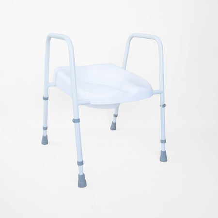 Diagram or packaging of NRS Mowbray Lite Adjustable Toilet Frame with Seat highlighting dimensions or features.