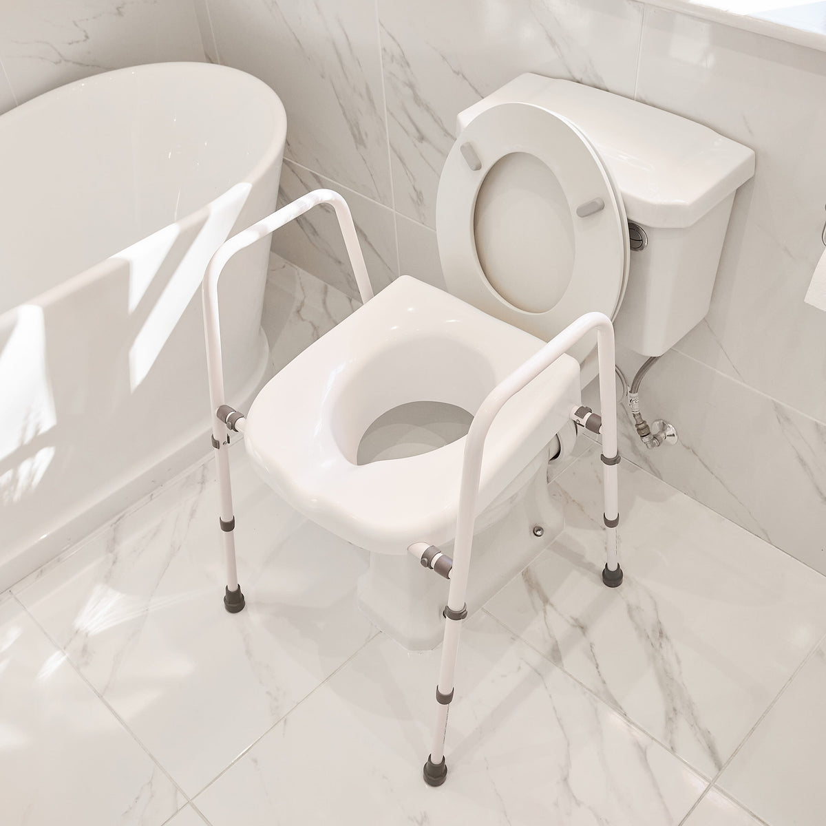 Diagram or packaging of NRS Mowbray Lite Toilet Frame Seat-Width Adjustable highlighting dimensions or features.