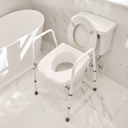 Diagram or packaging of NRS Mowbray Lite Toilet Frame Seat-Width Adjustable highlighting dimensions or features.