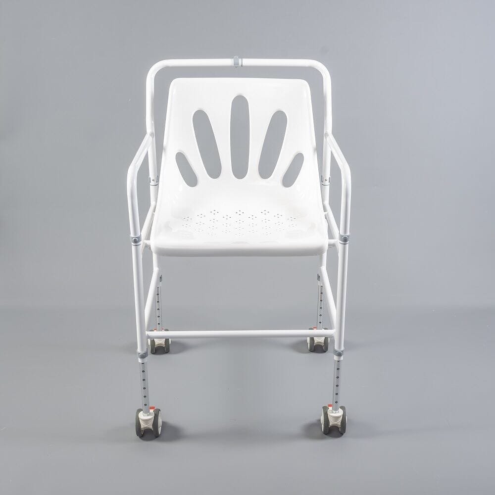 Front view of NRS NUVO Shower Chair showing drainage holes in the seat and the supportive backrest design.