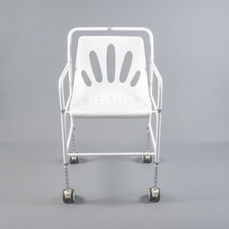 Front view of NRS NUVO Shower Chair showing drainage holes in the seat and the supportive backrest design.