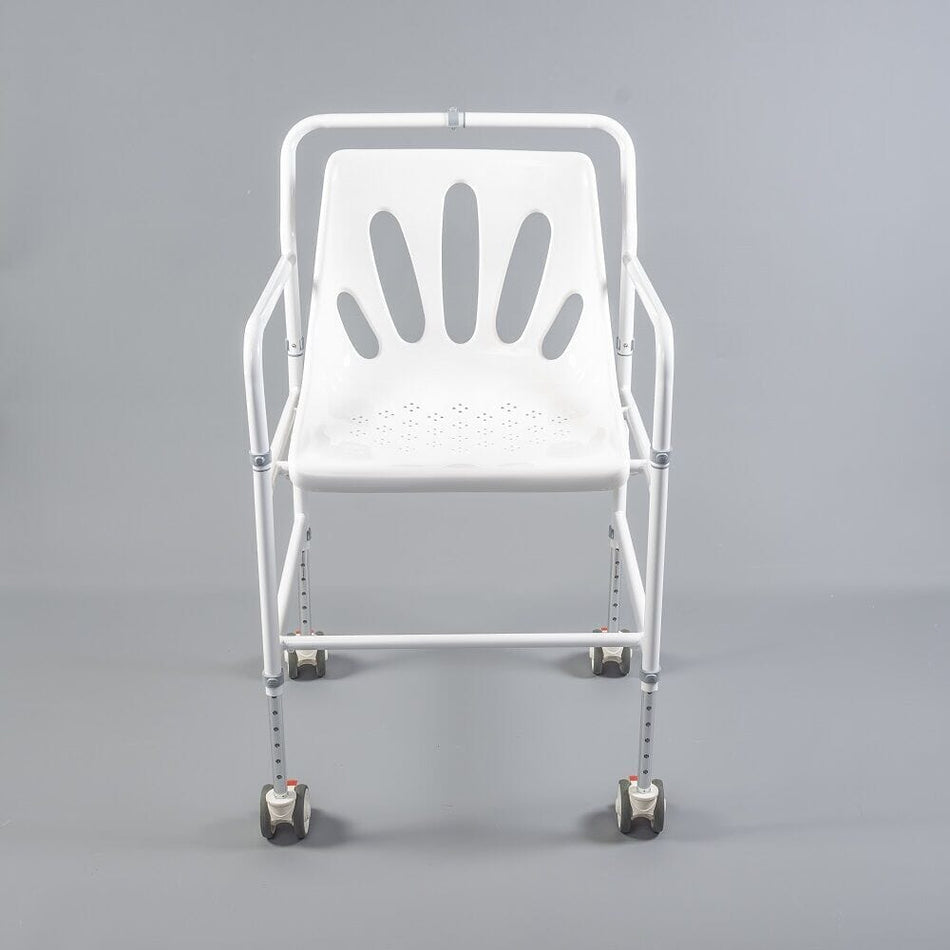 Front view of NRS NUVO Shower Chair showing drainage holes in the seat and the supportive backrest design.