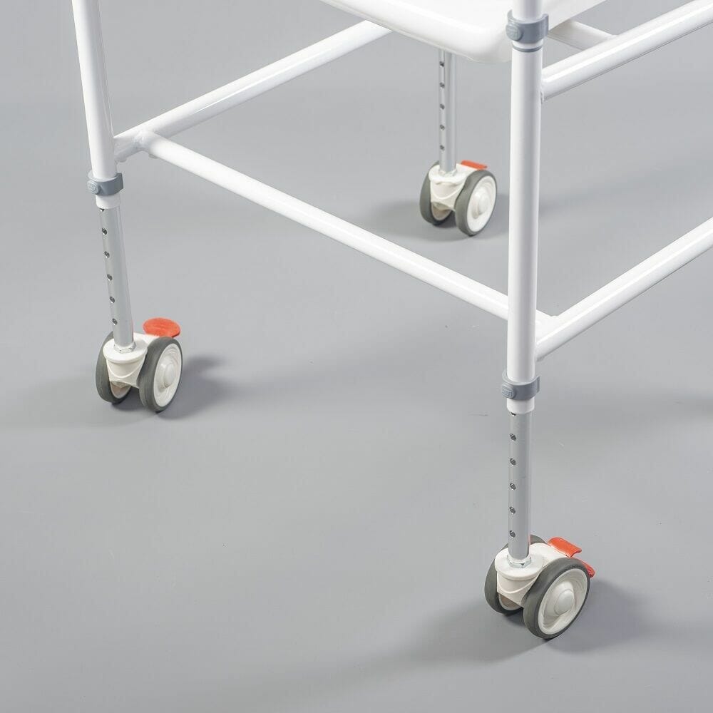 Side view of NRS NUVO Shower Chair highlighting the seat height, optional armrests and sturdy aluminium legs.