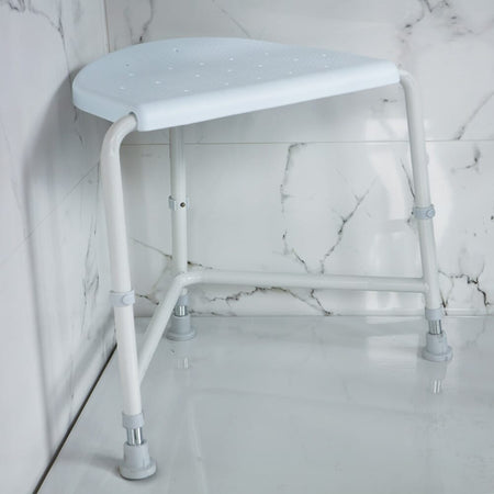 Angled view of NRS Nuvo Corner Shower Stool shower stool with moulded seat and height-adjustable legs on a plain background.