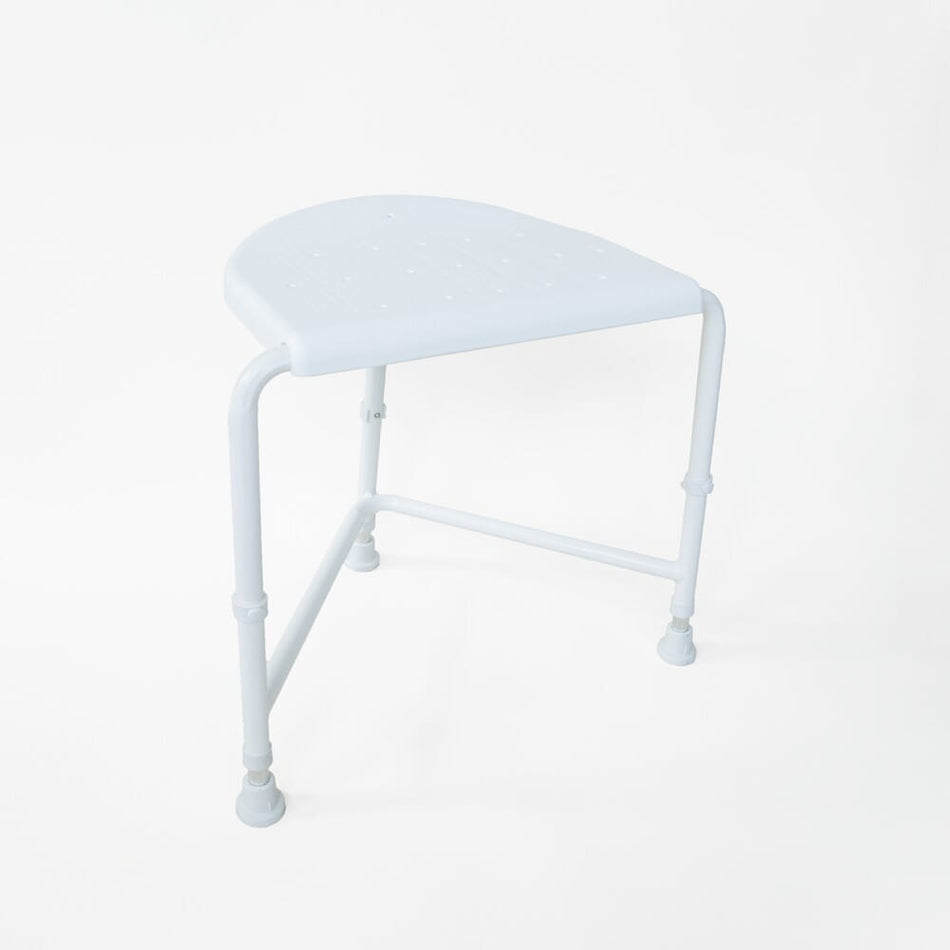 Top view of NRS Nuvo Corner Shower Stool showing drainage holes in the seat for quick water runoff.