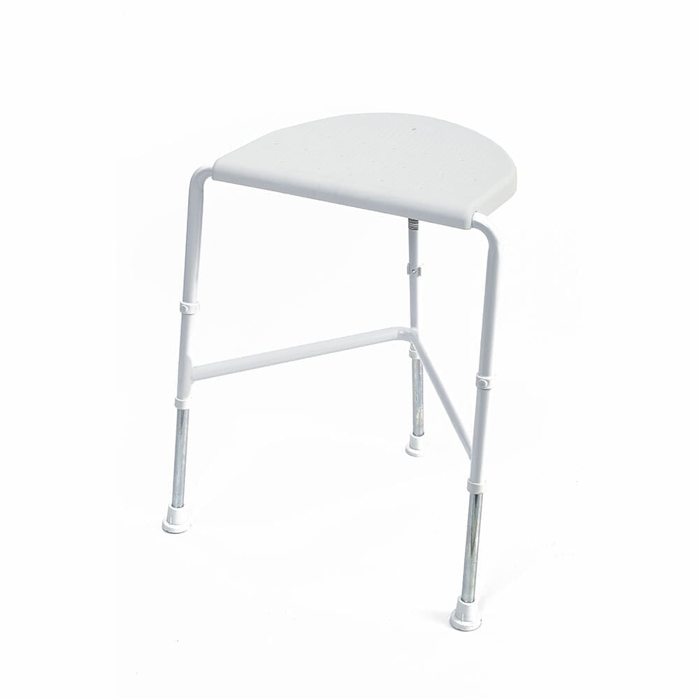 Side view of NRS Nuvo Corner Shower Stool highlighting the lightweight aluminium legs and non-slip ferrules.