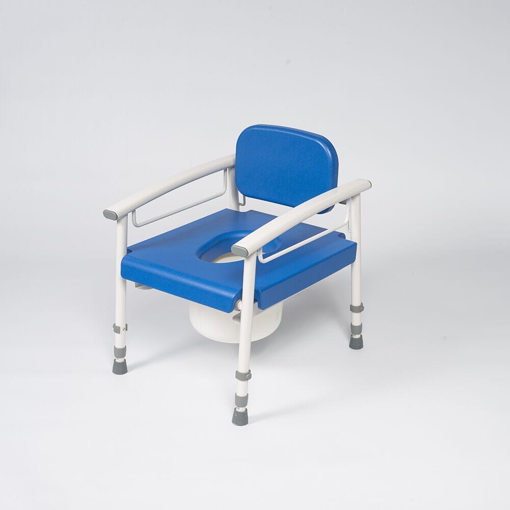 NRS Nuvo Petite Height Adjustable Childrens Commode with lid raised showing the open seat and removable commode pan, with supportive arms and adjustable height on a plain background.