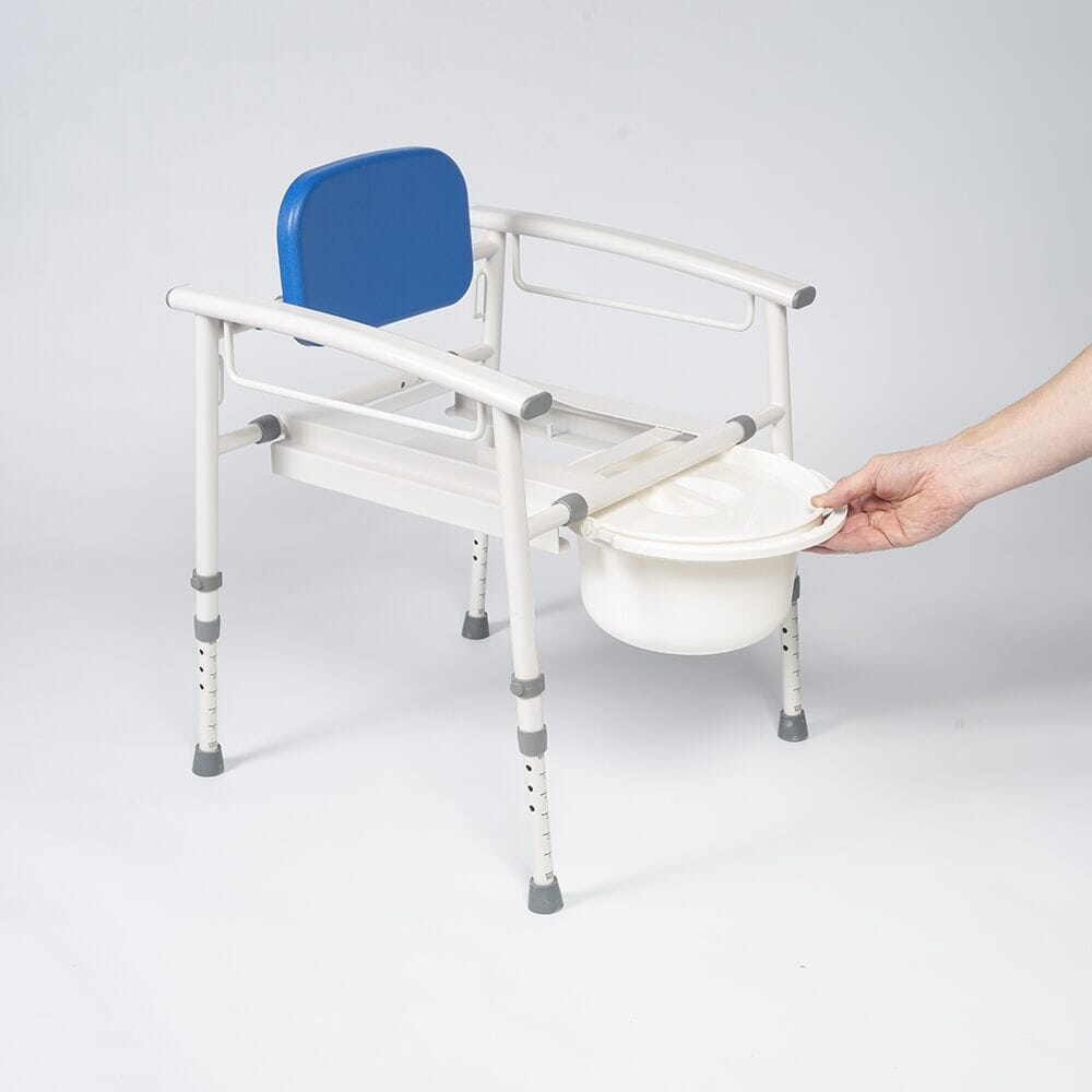 Demonstration of removing the commode pan or adjusting the height on NRS Nuvo Petite Height Adjustable Childrens Commode.