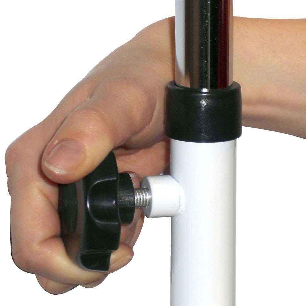 Close-up of the castor wheels on NRS Overbed Table, showing the smooth-rolling casters and brake mechanism.