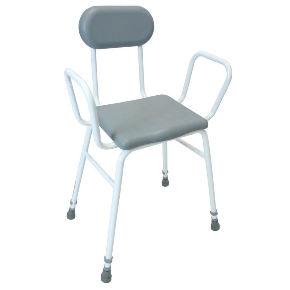 Alternative view of NRS PU Moulded Perching Stool with Arms Padded Back, showing different angle or usage.