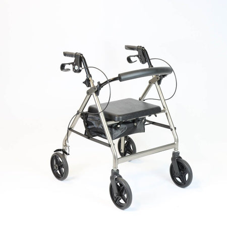 Angled view of NRS Petite A-Series Lightweight 4 Wheel Rollator rollator with seat, padded backrest, storage bag and four wheels on a plain background.