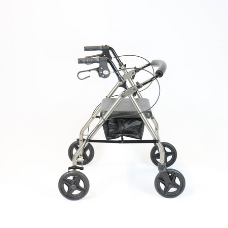 Front view of NRS Petite A-Series Lightweight 4 Wheel Rollator rollator with seat and padded backrest, showing the handlebars and brake cables.