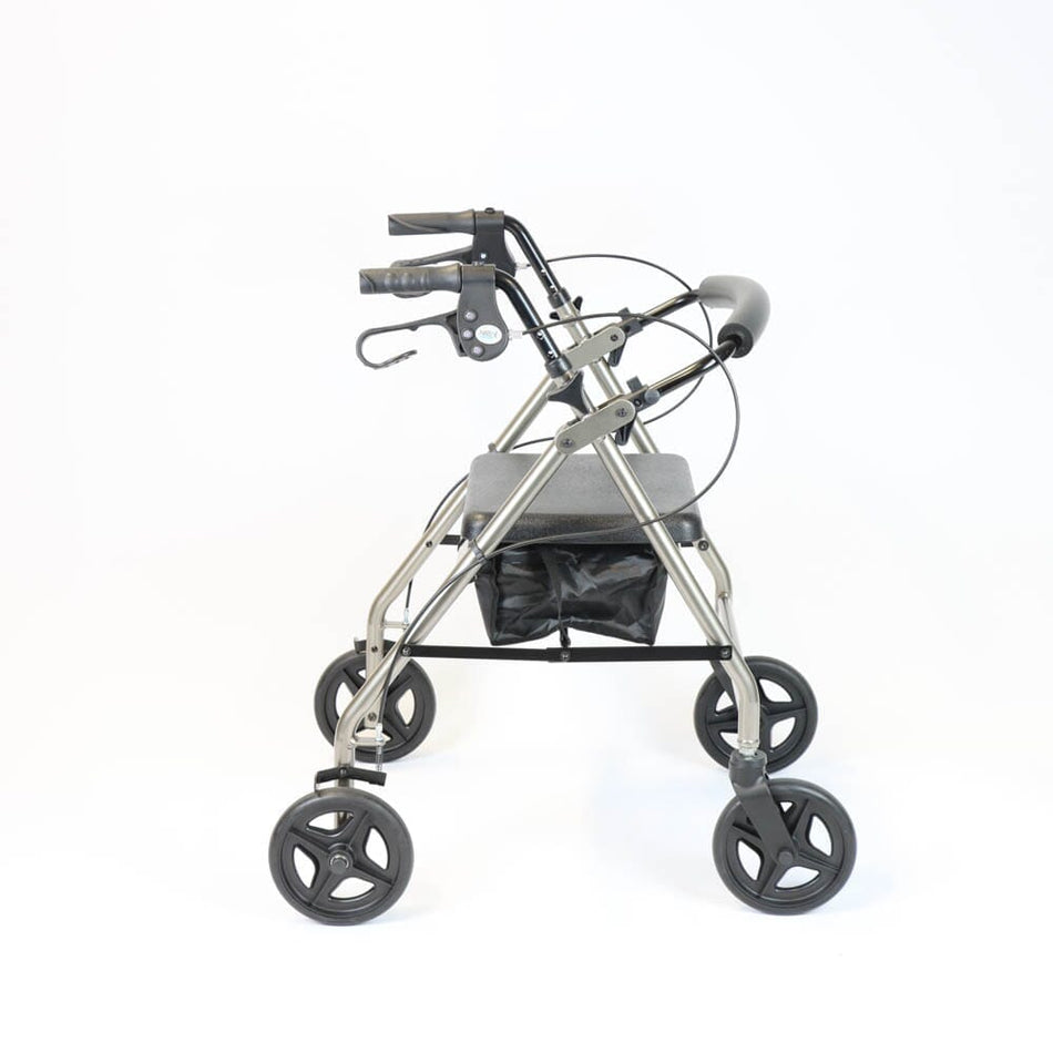 Front view of NRS Petite A-Series Lightweight 4 Wheel Rollator rollator with seat and padded backrest, showing the handlebars and brake cables.