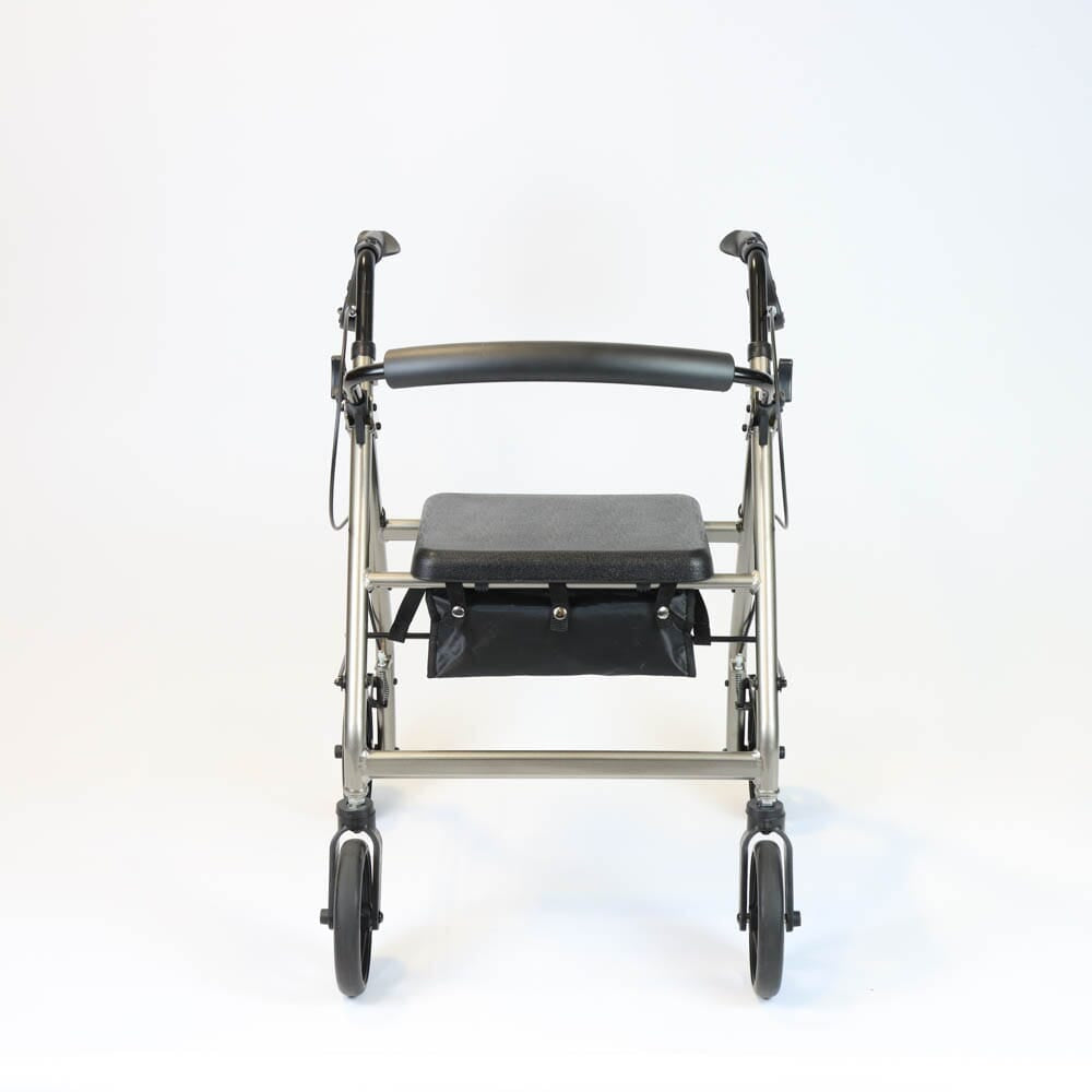 NRS Petite A-Series Lightweight 4 Wheel Rollator rollator folded from the front, demonstrating its slim, space-saving design.